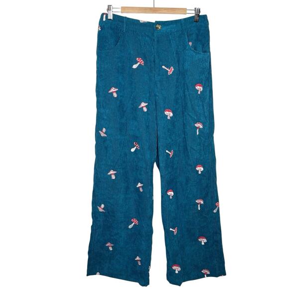 Mushroom Embroidered Corduroy Pants Womens XL Goblincore Wide Leg Cider Nature - Picture 1 of 6